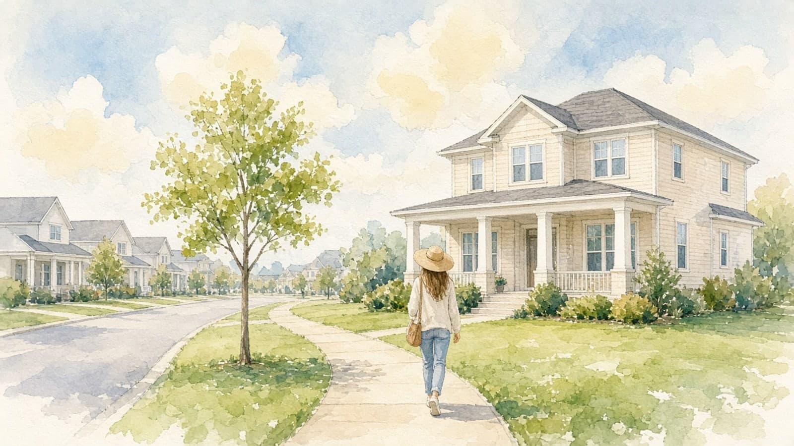 Watercolor illustration of a home buyer in a sun hat walking up the sidewalk toward a two-story house with a wide front porch on a quiet, tree-lined Houston-area street