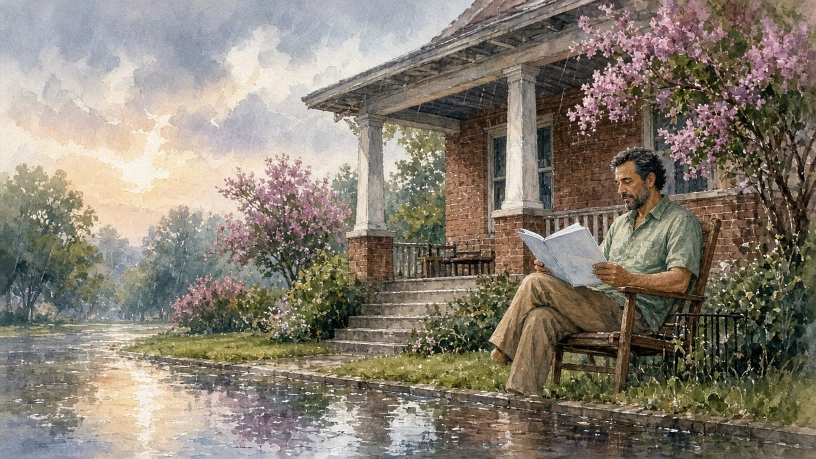 Watercolor illustration of a man reading on the porch of a brick Houston bungalow as rainwater pools along the street