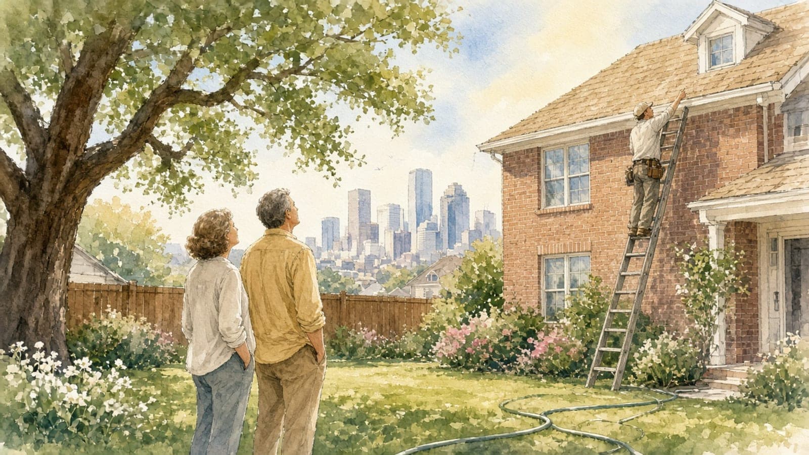 Watercolor illustration of a Houston couple in their backyard watching a roofer inspect the new roof of their brick home under a live oak
