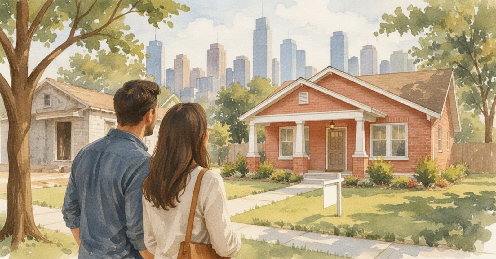 Watercolor illustration of a couple viewing a red brick Houston bungalow with a blank yard sign and a faint downtown skyline