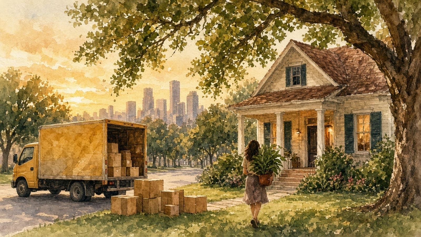 Watercolor illustration of a woman carrying a potted plant toward a Houston cottage under a live oak, with a moving truck and the downtown skyline behind