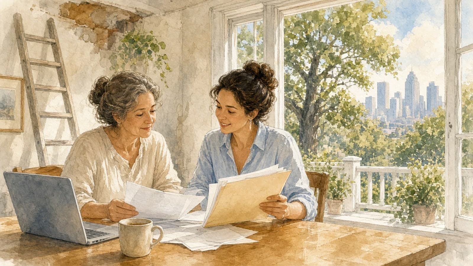 Watercolor illustration of a Houston homeowner and a real estate agent reviewing repair papers at a sunny dining table, with a live oak and the downtown skyline outside