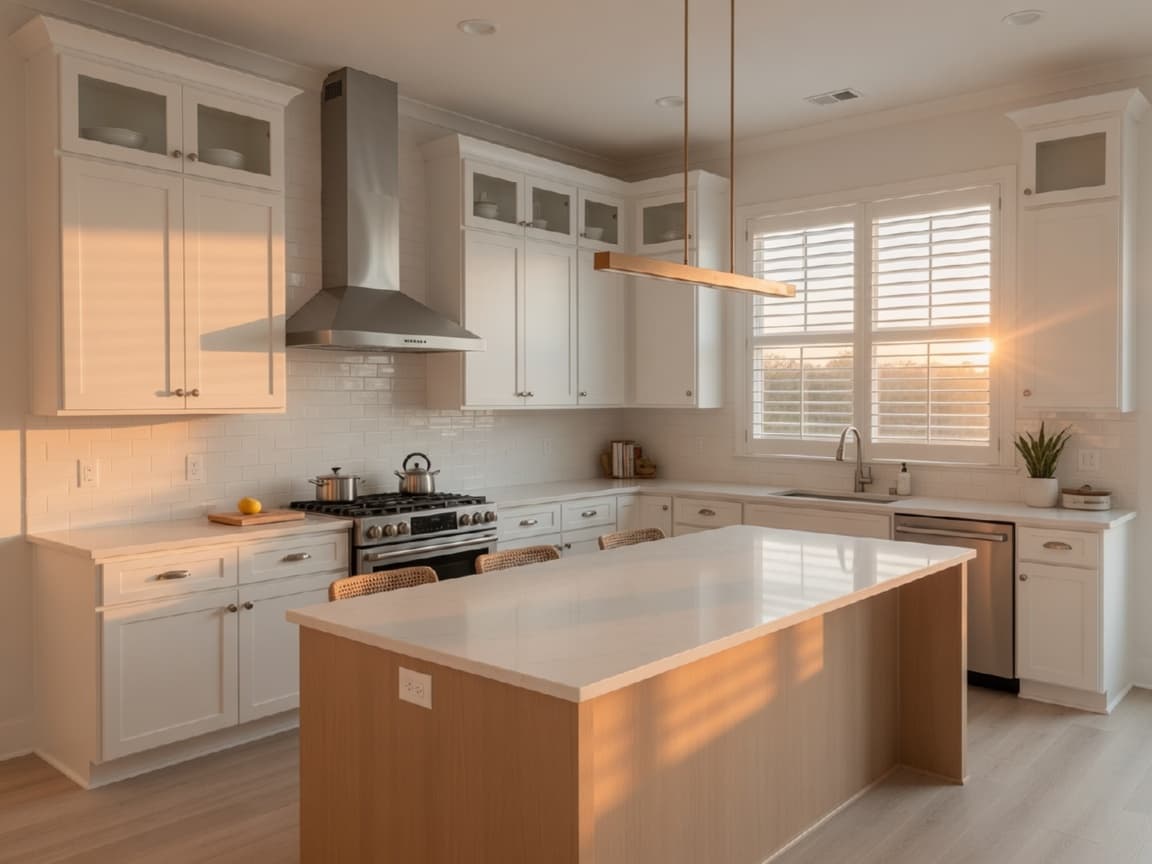 White kitchen with a large island and warm evening light